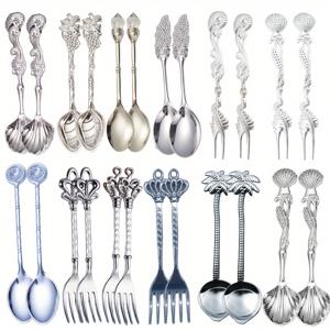 TEMU 24개 세트 | 유럽 및 미국 스타일의 궁정 레트로 의식, 6가지 스타일의 정교한 메탈 커피 스푼, 디저트 스푼, 아이스 티 스푼, 리리프형 믹싱 바 스푼 | 구리 도금, 은 도금 손잡이, 가정 식사, 선물용으로 이상적