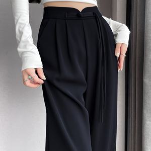 TEMU 새로운 가을/겨울 컬렉션, 우아한 중국 매듭이 있는 전통 스타일의 정장 바지, 와이드 레그 트라우저, 루즈핏, 고품질 드레이프, 통기성 좋은 메쉬 원단, 여성용 드레스 팬츠|가을원피스