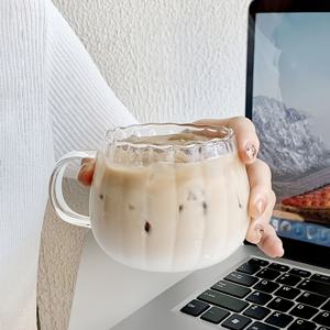 TEMU 1개 유리컵, 호박 유리컵, 골지 커피컵, 손잡이 투명 커피컵, 크림 컵, 아이스 커피컵, 음료컵, 남자친구, , 가족, 선생님 등 선물용으로 적합, 가정, 사무실에 적합