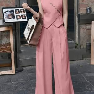 TEMU 봄/여름 신상 핫셀링 여성 세트: 크로스 프론트 베스트 탑 + 와이드 레그 팬츠 