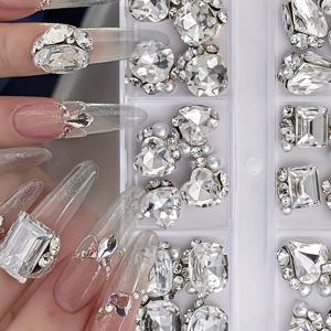TEMU 반짝이는 클리어 네일 아트 라인스톤 세트 - DIY 매니큐어 장식용 플랫백 합성 보석 24개, 8-11mm, 하트 및 사각형 모양, 6칸