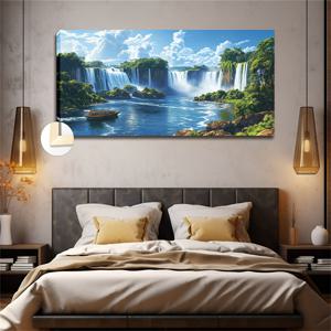 TEMU 현대적 장식 창의적인 오일 페인팅 대형 사이즈 액자 포함 - 넓은 강 위로 떨어지는 화려한 폭포 그룹 침실, 식당, 주방 및 사무실 벽용 50X100cm 20X40 인치