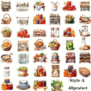 TEMU 40개/세트 빈티지 컨트리 주방 요리 도구 야채 잼 빵 시리즈 수제 스티커 장식용 스티커 (노트북, 앨범, 다이어리 및 잡지 장식용)