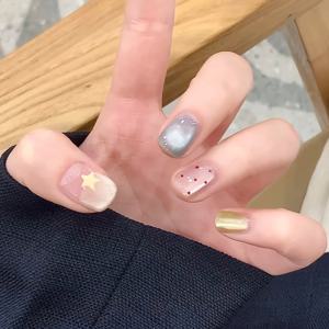 TEMU 별과 점이 있는 달콤한 프렌치 스타일 여성용 짧은 타원형 프레스 네일 패치 30개 세트, 젤리 접착제 1개와 문지름 스트립 1개 포함, 파티 댄스 및 일상 캐주얼 착용 가능, 탈부착 가능한 반복 사용