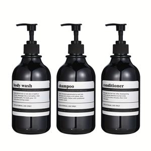 TEMU 3pcs 우아한 블랙 앤 화이트 플라스틱 욕실 디스펜서 세트 - 샴푸, 컨디셔너, 바디 로션, 바닥에 서서, 전기 없이, 쉽게 식별할 수 있는 라벨이 달려 있습니다, 욕실용