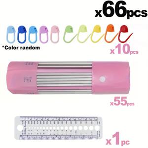 TEMU 66개 이중 포인티드 니트 니들, 1개 제조사 규칙, 10개 크로셰 마킹 크로셰 클립, 11개 크기 스테인레스 스틸 니트 니들 세트 2, 0-6, 0mm 니트 키트 스웨터 니들 세트 이중 팁 스테인레스 스틸 니트 니들