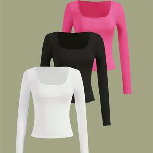 TEMU 심플하고 스타일리시한 스퀘어넥 디자인의 여성용 긴팔 상의 3종 세트