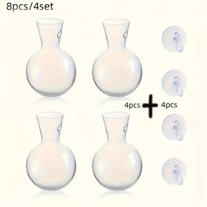 TEMU 8개 미니 벽걸이 유리 디자인 PET 꽃병 (흡착판 포함) - 못 없이, 모던 원형 행잉 화분 (다육이, 공기 식물, 수경 재배 줄기용) - 실내/실외 홈 데코 (4세트), 스타일, 흡착판 액세서리