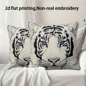 TEMU 2D 평면 프린트, 실제 자수 아님, 2개 세트 숏 플러시 장식용 단면 프린트 초소프트 패브릭 베개커버, 파란 눈의 흰 호랑이 클로즈업 패턴. 손세탁 및 기계 세탁 가능, 45×45cm. 침실, 거실, 소파, 농가 장식용 쿠션 커버. 베개 내장재 미포함