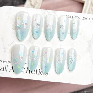 TEMU 10개 민트 그린 캣아이 스파클링 프레스온 네일 - 그라데이션 스타 & 파스텔 팁, 아몬드 쉐이프 짧은 길이 풀 커버리지 광택 인조 손톱, 여성용, 쉬운 적용 및 내구성, 파티/데일리/특별 행사용