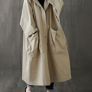 TEMU 여성용 캐주얼 롱 카키 트렌치 코트, 넉넉한 핏과 큰 포켓이 특징이며, 독특한 디자인을 갖추고 있습니다.
