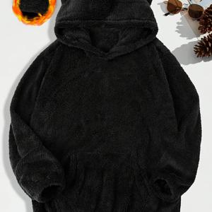 TEMU 남성용 플러시 후드티 - 곰귀와 발바닥, 포근한 겨울철 따뜻함, 오버사이즈 루즈핏, 부드러운 플리스소재, 캐주얼 라운지웨어 & 아웃도어복, 귀여운 동물코스튬 맨투맨, 솔리드컬러디자인 프론트포켓, 손세탁/드라이클리닝, 가을과 겨울을 위한 편안한 착용감