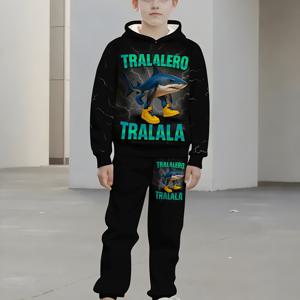 TEMU 3D 프린트 후드티 & 스웨트팬츠 세트 (소년용, 산해경 고전에서 유래된 상어 패턴) - 봄/가을 신학기 시즌에 적합, 13세 이하 어린이를 위한 레귤러 스포츠웨어 세트