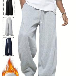 TEMU 남성용 겨울 안감 바지 1개, 루즈한 핏 & 중간 허리 주머니 - 추운 날씨에 적합한 따뜻한 캐주얼 바지, 기계 세탁 가능 (블랙/그레이/블루)|남자바지