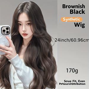 TEMU 18인치 24인치 내추럴 블랙 웨이브 합성 헤어 익스텐션 - V자형 안정적 착용감, 자연스러운 웨이브 질감 헤어피스