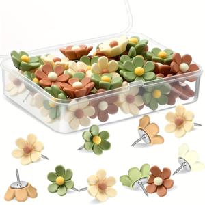 TEMU 23개 플로럴 푸시 핀 - 녹색 & 갈색 색상의 부드러운 나무 꽃 모양 손가락 틈새 못, 사진 벽, 게시판, 지도에 적합