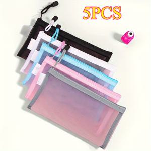 TEMU 지퍼형 메쉬백 5개 세트, 다용도 나일론 메쉬 수납백, 휴대용 메쉬 필통, 여행 정리함, 일상 및 여행 필수품, 아이템 수납백, 다양한 색상