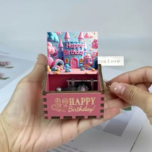 TEMU 사랑스러운 수동 크랭크 빈티지 레이저 조각 나무 뮤직 박스 - 핑크 생일 테마, 'Happy Birthday' 텍스트, 케이크 및 촛불 디자인, 고품질 재활용 목재로 제작, 홈 데코용, 생일, 크리스마스, 발렌타인데이에 적합