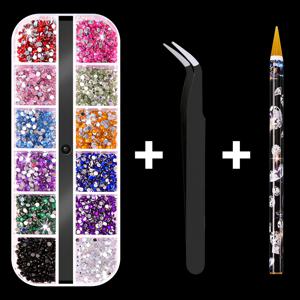 TEMU 12색 2mm 아크릴 라인스톤 키트 - 12구 스트립 박스, 1200개 이상의 컬러 라인스톤 포함, 집게 & 도팅 펜 제공, DIY 네일, 휴대폰 케이스, 헤어 클립, 컵 장식용 다목적 공예 재료