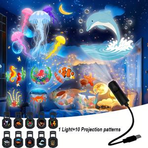 TEMU 10개/6개/3개입 프로젝션 패턴 LED 프로젝터 야간 조명 1세트, 해양 생물 프로젝션 램프, LED 해양 프로젝션 램프, USB 전원 우주 테마 침실 장식, 침실 야간 조명, 우주 테마 장식