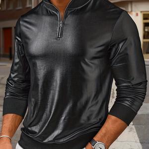 TEMU 남성용 캐주얼 긴팔 헨리넥 셔츠 (지퍼 디테일) - 단색, 레귤러 핏, 중간 정도 신축성, 라운드넥, 가을/겨울에 완벽, 캐주얼 웨어