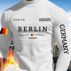 TEMU 남성용 따뜻한 핏 롱 슬리브 베이스 레이어 티셔츠 - 하이 스트레치, 하이넥 슬림핏, 'Berlin, Germany' 도시 레터링 프린트가 특징입니다. 세탁기 사용 가능, 가을 야외 스포츠 및 캐주얼 웨어에 적합하며, 추운 날씨에 디자인되었습니다. 모던 스타일