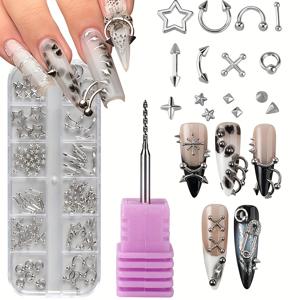TEMU 스테인리스 스틸 네일 피어싱 드릴 비트가 포함된 네일 참 펑크 주얼리 세트 - Y2K 디자인 합금 금속 펀칭 바늘, 휴대용 네일 아트 매니큐어 액세서리|피어싱