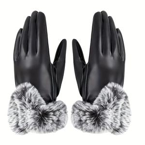 TEMU 1쌍 여성용 PU 가죽 터치스크린 겨울 장갑, 플러시 안감 & 인조 퍼 커프, 방풍 미끄럼 방지 손바닥 운전 장갑 - 스마트폰 사용, 야외, 파티, 크리스마스 선물용 (스마트폰 화면 사용 가능) - 손 케어