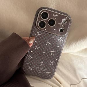 TEMU 아이폰 17 프로 맥스, 아이폰 16, 빈티지 13, 아이폰 12/11/14용 가죽 텍스처 체크무늬 리본 풀 커버 케이스, 안티드롭, 소프트 케이스