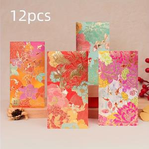 TEMU 빨간 꽃무늬 랜턴 디자인에 금색 디테일이 특징인 축제 분위기의 돈 봉투 12개와 감사 카드 세트. 결혼식, 생일, 크리스마스에 완벽하며 행운의 돈 봉투를 위한 종이 봉투로도 사용 가능합니다.