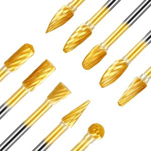 TEMU 10개 세트 티타늄 코팅 고속도강 로터리 커터 | 1/8인치 생크가 있는 이중 절삭 그라인딩 헤드 | 금속, 나무, 돌 연삭, 광택 및 조각용