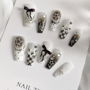 TEMU 10개입 흑백 컬러 대비 별 패턴 | 반짝이는 발레 모양 기계 제작 인조 네일, 리본 매듭, 데이트 선물용 스위트 쿨 스타일