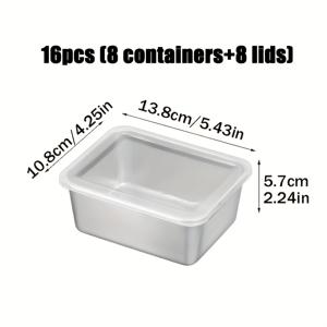 TEMU 16개 세트 (8개 용기 및 8개 뚜껑), 스테인리스 스틸 재질, 식품 보관용, 쌓을 수 있는 디자인, 밀폐 뚜껑, 전자레인지 사용 가능, 플립 커버, 사각형 모양, 샐러드, 과일, 식품 보관, 주방 정리에 적합|냉동고