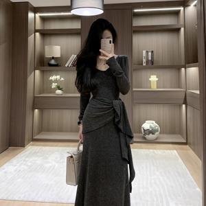 TEMU 여성용 2025 신상 V넥 드레스 - 허리 슬림 A라인 무릎길이 롱슬리브 드레스, 세탁기 사용 가능 겨울 드레스, 웨딩용 - 단색 가을 겨울 아웃핏|여성원피스|드레스