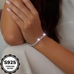 TEMU 실버 라인스톤 테니스 브레이슬릿, 싱글 로우 풀 페이브 테니스 체인, 클래식 럭셔리 스타일 사계절 착용 가능