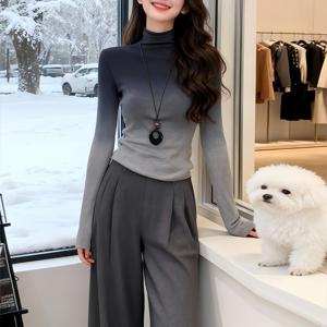 TEMU 여성 하이엔드 그라데이션 그레이 터틀넥 탑 가을 겨울 신상 밝은 성숙한 니치 스타일 하의 겹치지 않는 디자인 캐주얼 데일리 코디 출근 미팅 학교 쇼핑 여행 트렌디 여성 의상