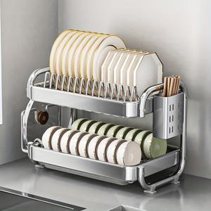 TEMU 1개 2단 대형 201 스테인리스 스틸 식기 건조대 및 물받이 | 컵 홀더, 조리 도구 홀더, 식기 거름망 선반 포함 싱크대 정리대, 실버