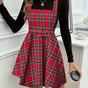 TEMU 여성용 우아한 레드 체크 스파게티 멜빵 드레스, 패셔너블하고 스타일리시한 발렌타인데이 및 크리스마스 드레스|민소매원피스