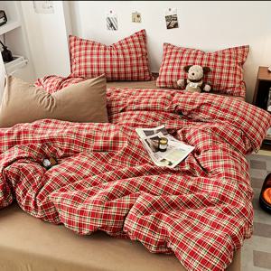 TEMU 크리스마스 스타일 레드 체크 이불커버 & 베개커버 세트, 이불커버 1개 + 베개커버 2개 포함. 부드럽고 가벼운 베이지톤, 사계절 사용 가능, 세탁기 사용 가능. 홈 침실, 기숙사 및 다양한 공간에 적합