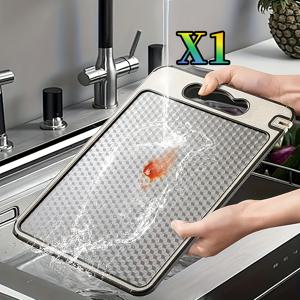 TEMU 스테인리스 스틸 양면 도마 | 다기능, 생/익힘 겸용, 주방, 과일, 채소 보드, 독특한 디자인, 스크래치 방지, 미끄럼 방지 실리콘 커버