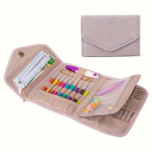 TEMU 코바늘 케이스 접이식 정리함 | 스냅 잠금 장치가 있는 뜨개질 & 코바늘 용품 액세서리, 폴리에스터 소재, 핑크 색상으로 제공