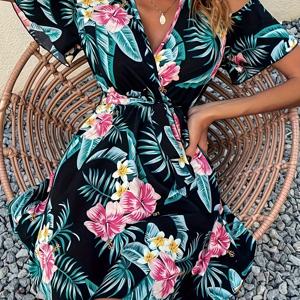 TEMU 우아한 어깨 묶음 앞 맥시 드레스, 열대 프린트 - 블랙 & 핑크 꽃, V넥, 벨트드 허리, 플로우 A라인 컷, 봄/여름에 완벽한 여성 패션, 여름 패션 | 열대 프린트 드레스 | 벨트드 허리 드레스