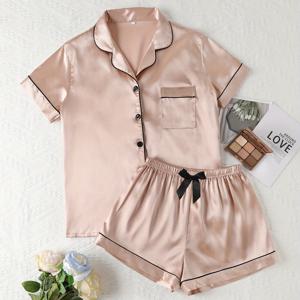 TEMU 여성용 단색 새틴 캐주얼 파자마 세트, 짧은 소매 단추 옷깃 탑 & 보우 장식 반바지, 편안한 편안한 핏