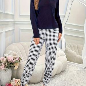 TEMU 포켓이 있는 긴팔 라운드넥 탑, 체크 무늬 긴 바지, 라운지웨어