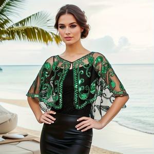 TEMU 1920년대 빈티지 시퀸 숄과 자수 레이스 트림 - 통기성 좋은, 신축성 없는 폴리에스테르 여성용 케이프 | 파티 및 이브닝 가운에 완벽함