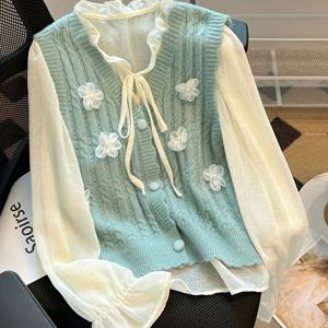 TEMU 스테레오 플로럴 디테일 버튼 프런트 스웨터 조끼, 달콤하고 세련된 블라우스 없는 슬리브리스 니트 조끼, 여성 의류