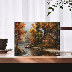 TEMU [2D 플랫] 캔버스 그림 1개, 가을 코티지 풍경 캔버스 프린트, 가을 낙엽의 농촌 강변 리조트 벽걸이 그림, 연기와 보트 풍경 그림, 재미있는 프레임리스 창의적인 캔버스 벽 장식, 가정 침실 주방에 적합