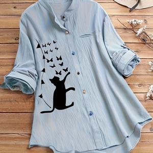 TEMU 고양이 & 나비 프린트 버튼 업 셔츠, 캐주얼 롱슬리브 셔츠 봄 & 가을, 여성 의류