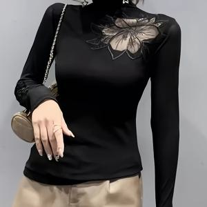 TEMU 여성용 레이스 하이넥 티셔츠, 봄/가을에 적합, 스타일리시하고 매력적, 길이, a 소재, 플로럴 패턴, 편안하고 신축성 있는 원단, 코바늘 디테일