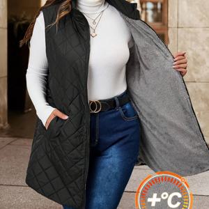 TEMU 1pc 우아한 플러스 사이즈 퀼팅 조끼 - 폴리에스터 스탠드 칼라 일반 길이 짜임 무지색 아우터웨어